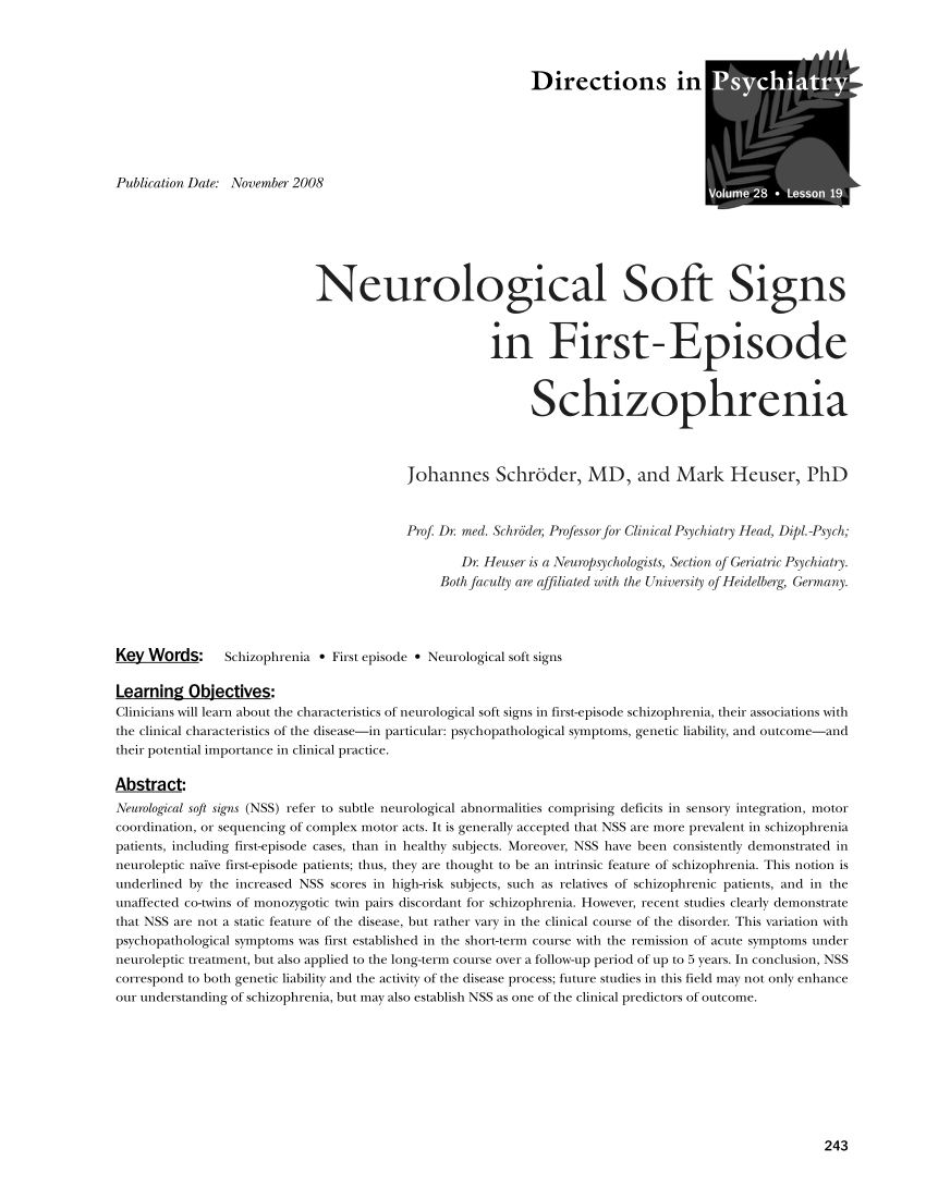 (PDF) Neurological Soft Signs in First Episode Schizophrenia
