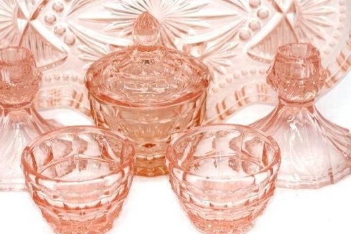 Vintage pink depression glass dressing table set with ...